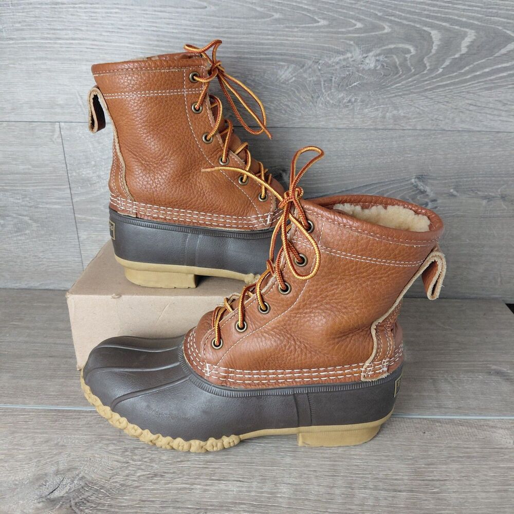 VTG LL Bean Duck Boots Womens 7 Brown Leather Rubber Ankle Insulated Maine USA